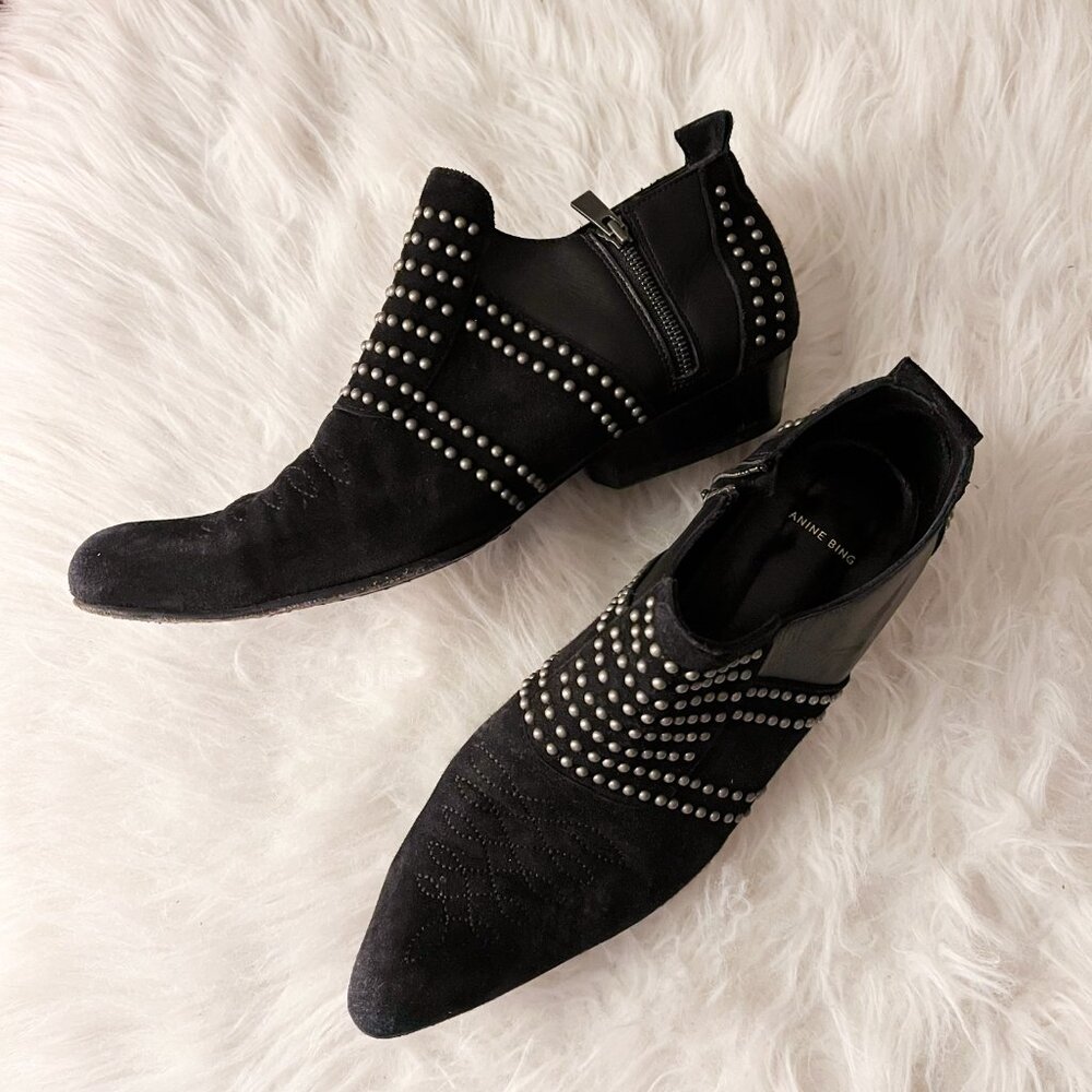 Anine Bing Black Suede Leather Studded Charlie Short Pointed Toe Ankle Boot